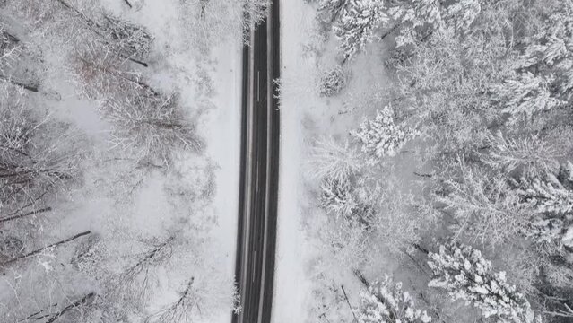 Aerial view of a snowy road in northern germany