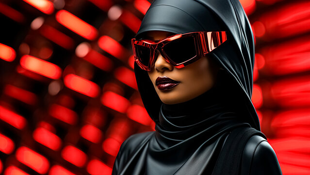 A Fashionable Muslim Woman Wearing Sunglasses On A Red Background.