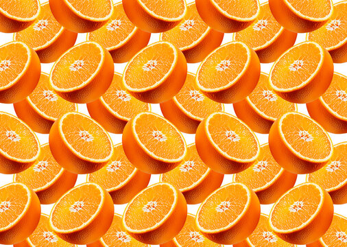 V&aacute;rias imagens de metades de uma laranja compondo uma estampa de continua&ccedil;&atilde;o. Imagem em PNG.