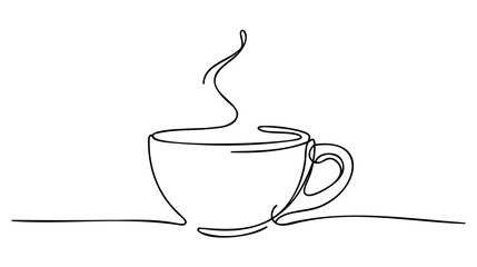 Continuous thin line coffee cup with smoke vector illustration, minimalist sketch doodle for cafe. - obrazy, fototapety, plakaty