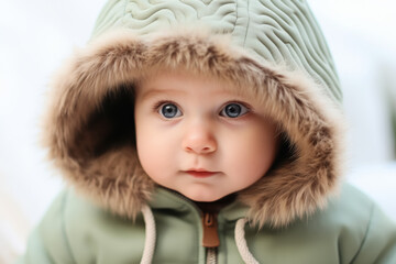 A baby in a hooded winter coat with fur trim gazes with large blue eyes, looking cute and cozy.