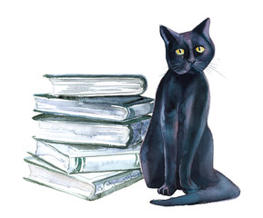 Beautiful book stack with a cat design.Watercolor hand painted books illustration. Book lover concept.Student themed design.