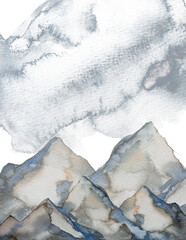 Watercolor hand painted mountains clipart isolated on a white background. Travel concept. Nature portrait. Mountains landscape artwork.
