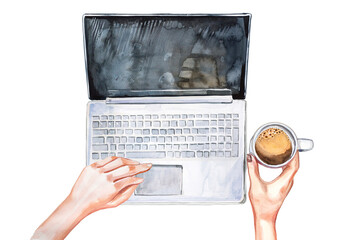 Hands and laptop top view.  Watercolor hand painted boss girl concept design. Business woman illustration. Freelancer themed clipart isolated on white.