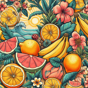 Hawaiian seamless pattern with tropical fruits and flowers. 