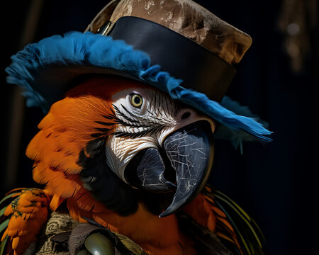 Colorful parrot wearing a hat with a steampunk vibe possibly for themed events or design inspiration