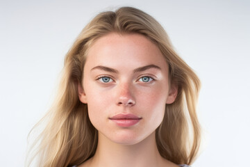 A headshot of a young woman with freckles, blonde hair, and clear blue eyes, presenting a natural and fresh look.