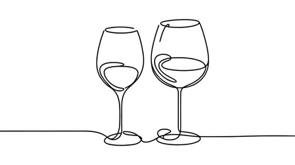 Continuous one line drawing of two glasses of red wine. Minimalist linear concept of celebrate and cheering.