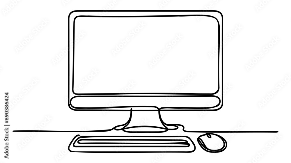 Poster continuous one line drawing of computer monitor with mouse minimalism