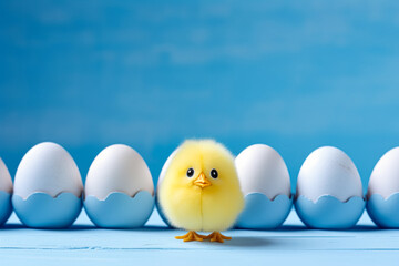 A single yellow chick stands in front of a row of cracked blue eggs against a soft blue background, evoking themes of birth and Easter.
