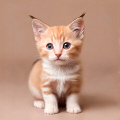 Obraz premium Cute peach kitten sits on a gentle light background and looks at the camera
