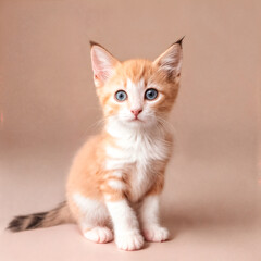 Fototapeta premium Cute peach kitten sits on a gentle light background and looks at the camera