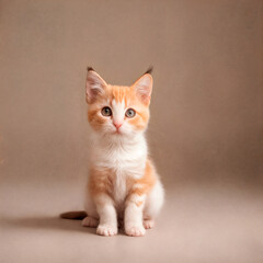 Obraz premium Cute peach kitten sits on a gentle light background and looks at the camera