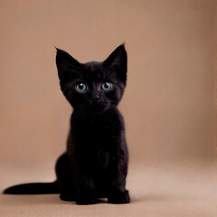 Cute black kitten sitting on a peach background and looking at the camera