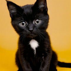Cute black kitten sitting on a yellow background and looking at the camera
