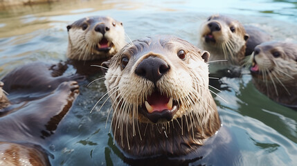 Playful otter interacting with others in a joyful and animated manner