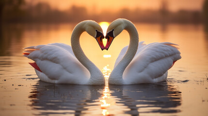 Two beautiful swans forming a heart shape with their necks, showcasing love in nature