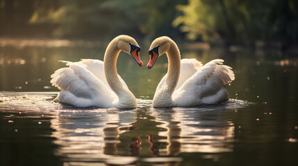 Fototapeta premium Two beautiful swans forming a heart shape with their necks, showcasing love in nature