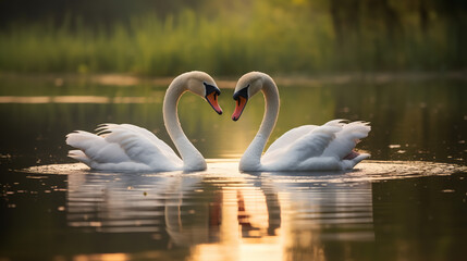 Fototapeta premium Two beautiful swans forming a heart shape with their necks, showcasing love in nature