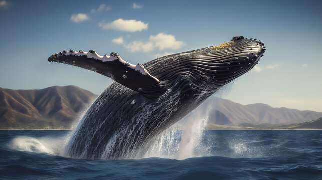 Majestic humpback whale breaching the surface of the ocean
