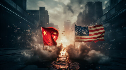 Conceptual digital illustration that represents the ongoing global geopolitical tensions between USA and China - obrazy, fototapety, plakaty