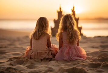 two young girls on the beach at sunset with sand castles in photorealistic detail
