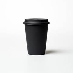 A smooth black paper cup without any pattern, with a pure white background and photography lighting