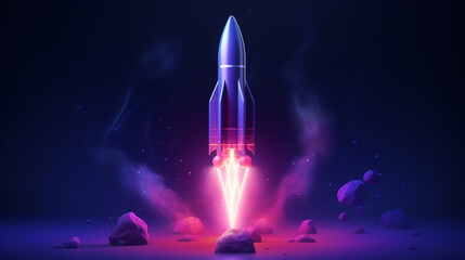 Fusée qui décolle sur un fond violet et avec de la fumée. Technologie, espace, nasa. Arrière-plan pour conception et création graphique - obrazy, fototapety, plakaty