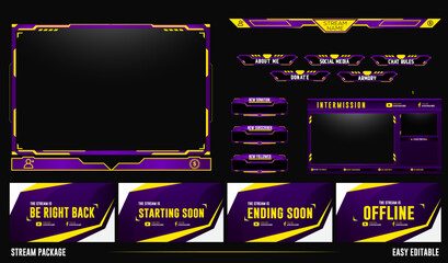 Modern Purple twitch overlay stream facecam, panel and panel set element for gaming streamer - obrazy, fototapety, plakaty