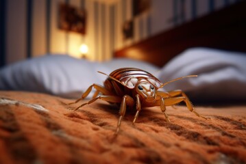 A bed bug crawls on the bed - obrazy, fototapety, plakaty