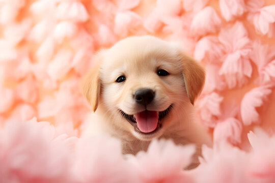 Joyous golden retriever puppy surrounded by a sea of soft peach fuzz petals, a picture of pure happiness. Cheerful young dog enjoying a blissful moment among gentle rose-tinted blooms.