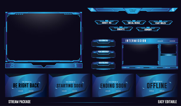 Modern Abstract Blue twitch overlay stream facecam, panel and panel set element for gaming streamer