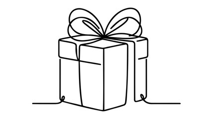 Christmas Present box with ribbon and bow. Continuous one line vector illustration. Wrapped surprise package