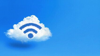 Wifi symbol on white cloud on blue sky. Copy space