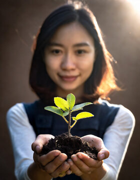 Asian woman holding plant and soil. Re-greening planet