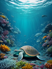 Fototapeta premium a turtle swimming in the warm ocean waters.