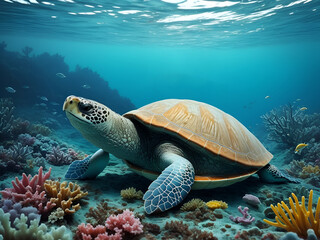 a turtle swimming in the warm ocean waters.