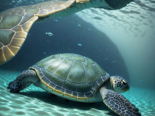 a turtle swimming in the warm ocean waters.