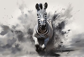 a zebra running in the air with splashes of paint, monochrome portraits - obrazy, fototapety, plakaty