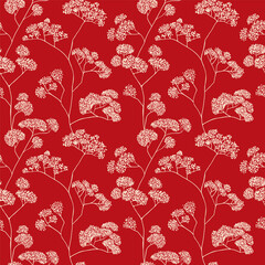 Asian inspired red pattern of delicate white flowers. Vector seamless pattern design for textile, fashion, paper, packaging and branding. 