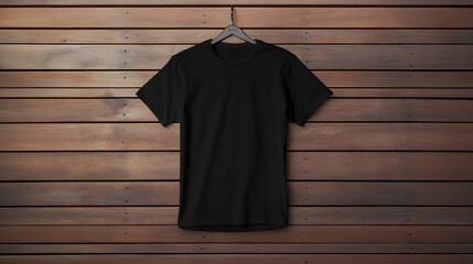 T-shirt noir sur un fond en bois. Mode, vêtements, tissu. Arrière-plan pour conception et création graphique. - obrazy, fototapety, plakaty