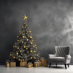 Fototapeta premium Interior of living room with fireplace, presents and Christmas tree