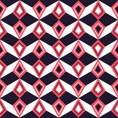 Retro Chevron pattern with diamond shapes in pink and navy blue. Vector seamless pattern design for textile, fashion, paper, packaging, wrapping and branding