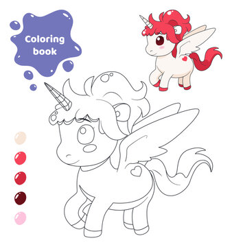 Coloring book for kids. Cute unicorn with wings.