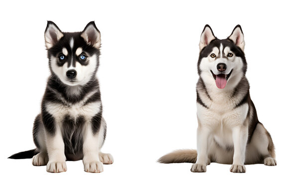 Set of Cute Siberian Husky dogs: Lively Puppy and Elegant Adult Siberian Husky sitting, Isolated on Transparent Background, PNG