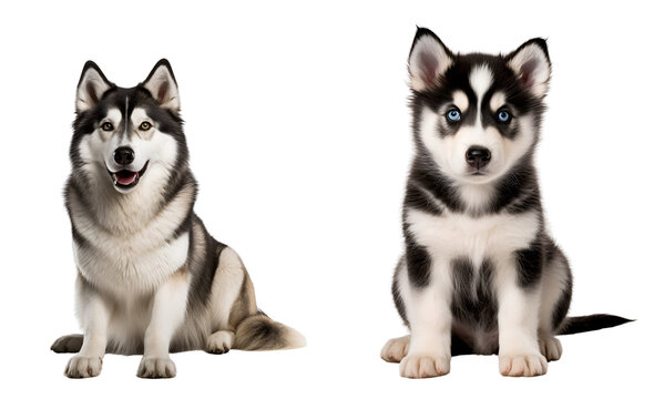 Set of Cute Siberian Husky dogs: Adorable Puppy and Majestic Adult Siberian Husky sitting, Isolated on Transparent Background, PNG