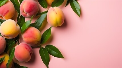 Cluster of fresh, ripe peaches with vibrant green leaves on a white background