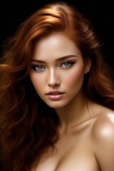 Fototapeta premium Portrait of red-haired girl with gorgeous hair without clothes on black background