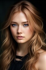 Redheaded girl with beautiful hair on black background