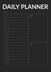 Black modern minimalistic daily planner notebook page. Modern Business organizer with notes and goals. planner page template. . Weekly schedule page.